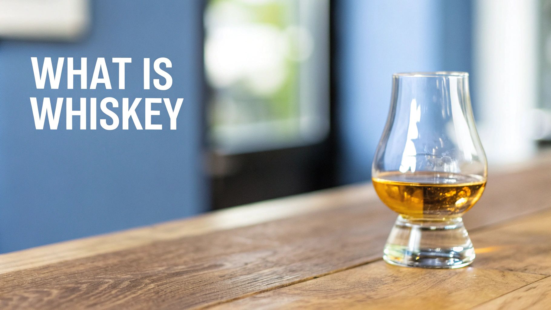 A glass of amber whiskey on a rustic wooden table with 'WHAT IS WHISKEY' text on blue.