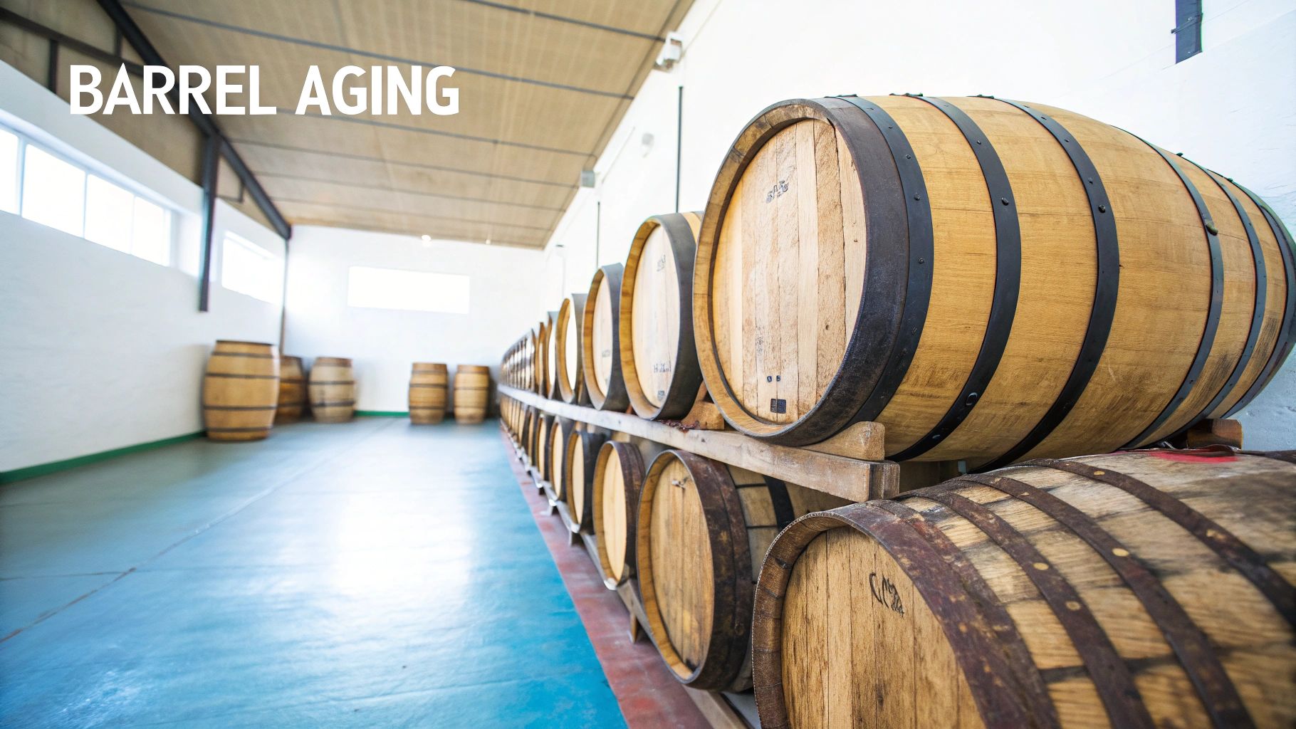 Wooden oak barrels aging whiskey or bourbon in modern distillery warehouse with natural lighting