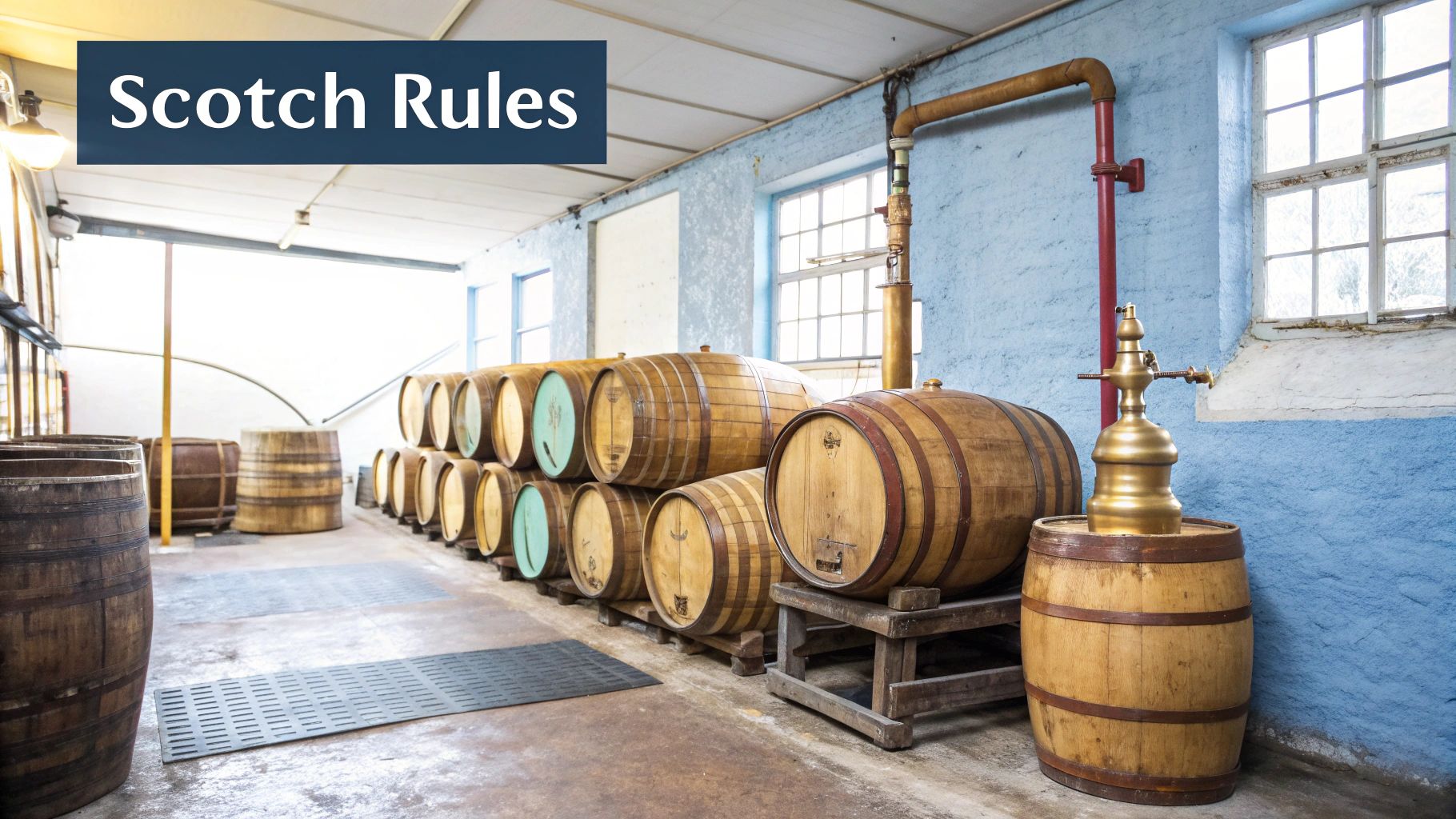 A rustic distillery cellar with many stacked wooden whiskey barrels, a brass still, and blue walls.