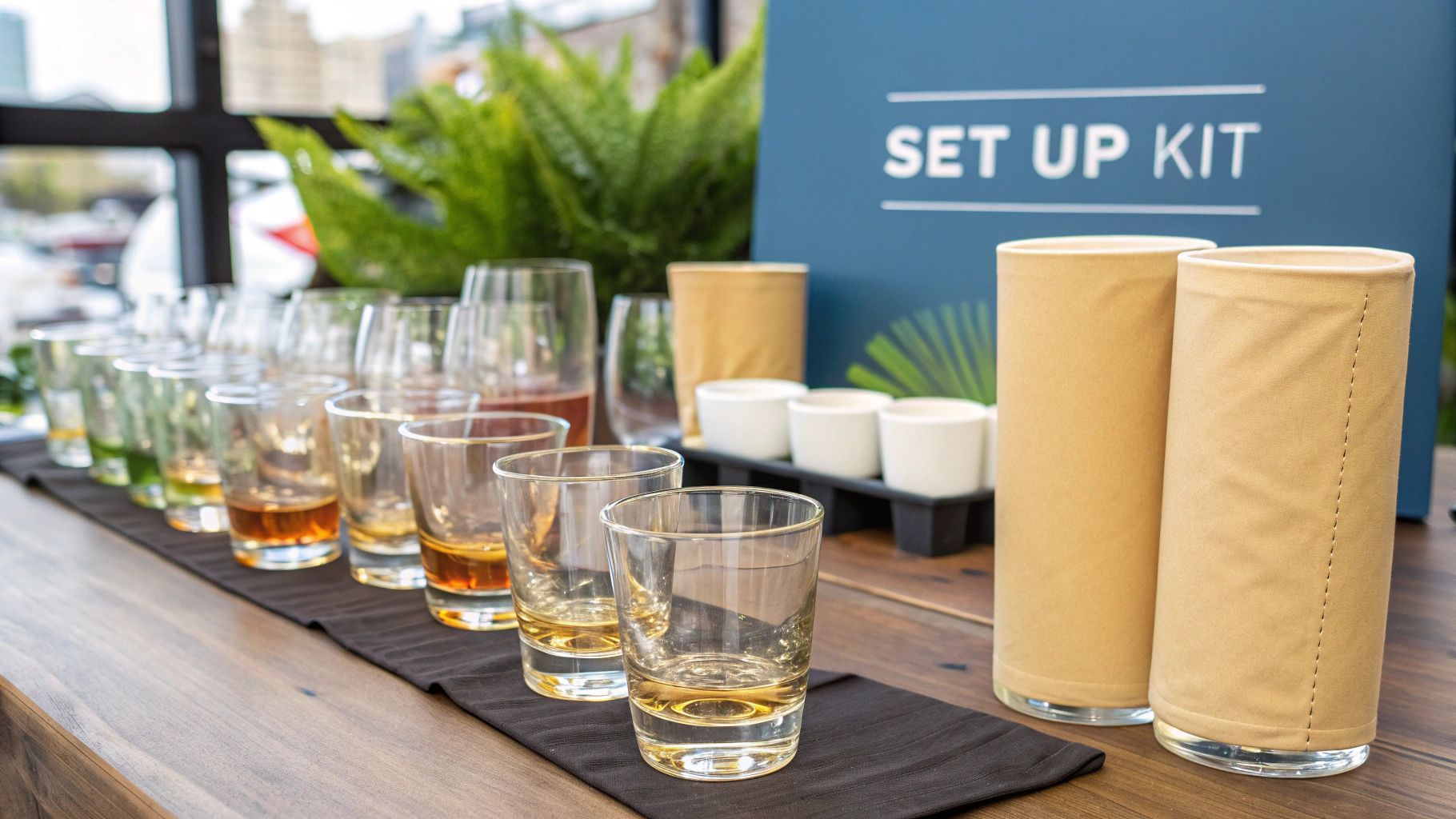 A blind whiskey tasting kit with samples, glassware, and a tasting mat arranged neatly.