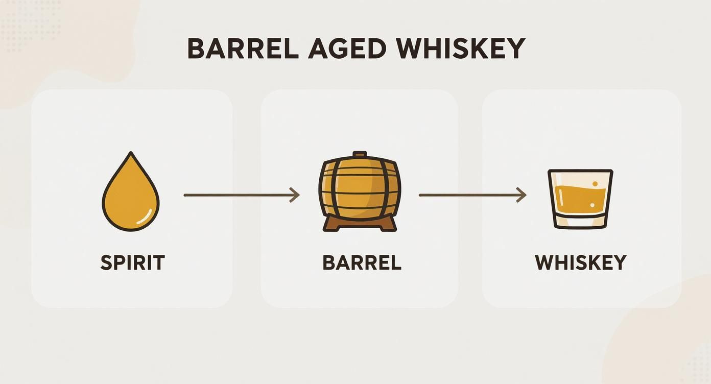 Barrel aged whiskey production process diagram showing spirit droplet, wooden barrel, and finished whiskey glass
