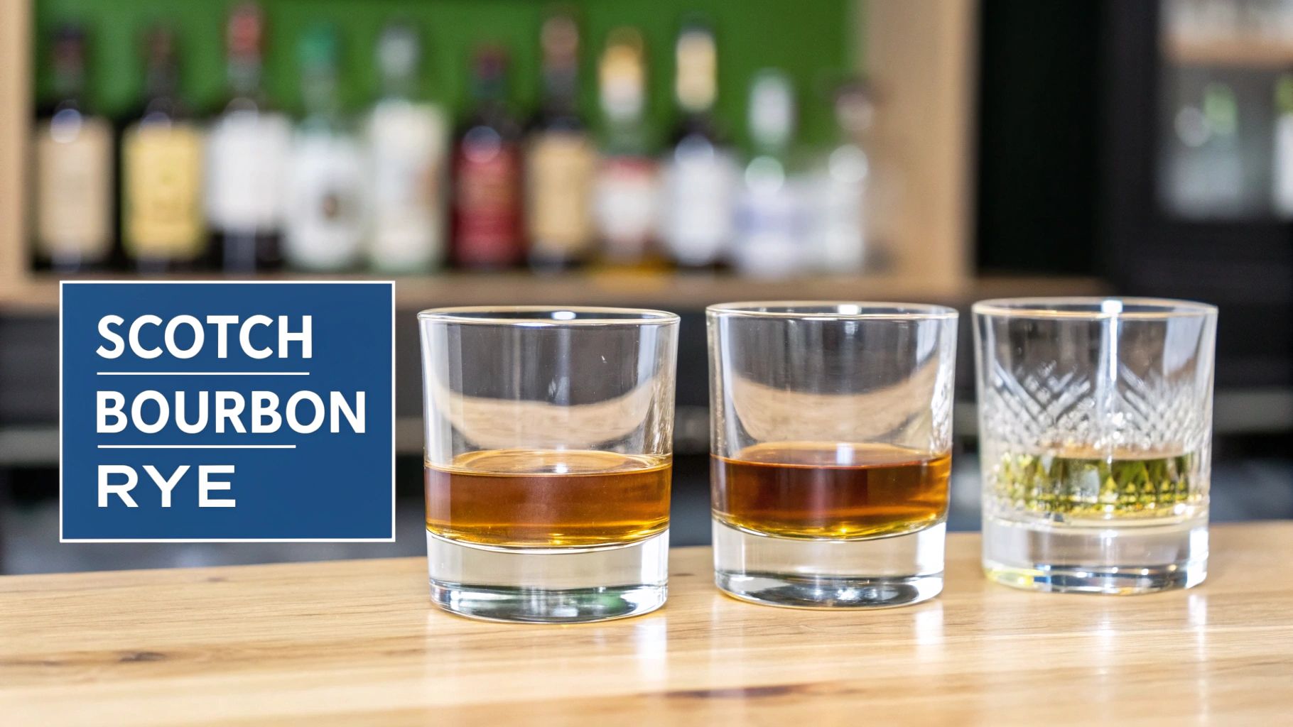 Three glasses containing Scotch, Bourbon, and Rye whiskeys on a wooden bar counter.