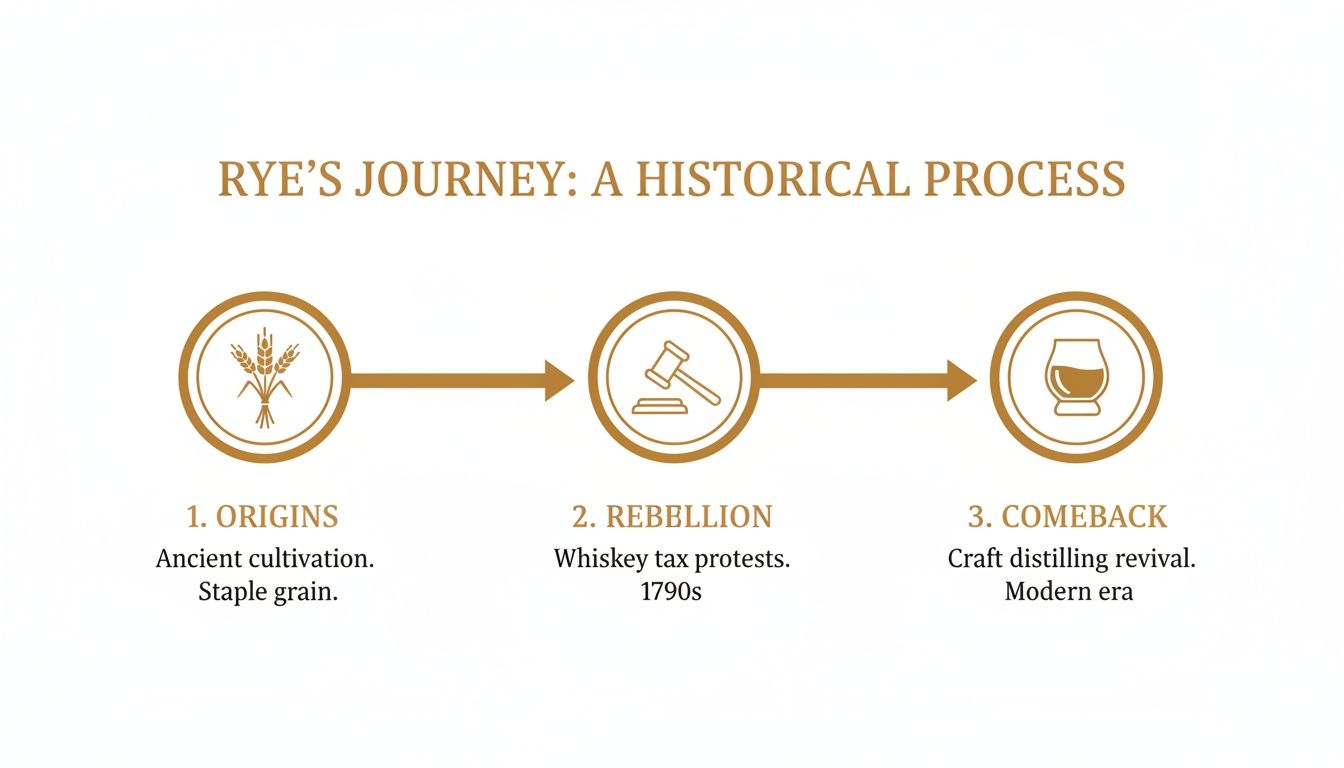 Timeline illustrating rye's historical journey from ancient grain to whiskey and its modern comeback.