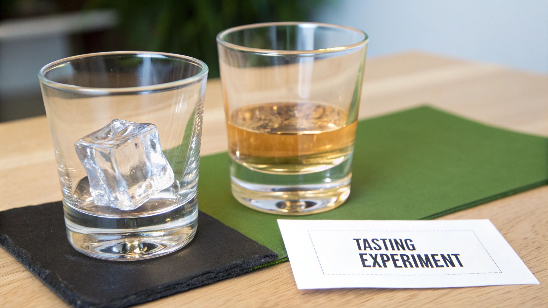 Two glasses for a tasting experiment, one with an ice cube, the other with bourbon, on a wooden table.