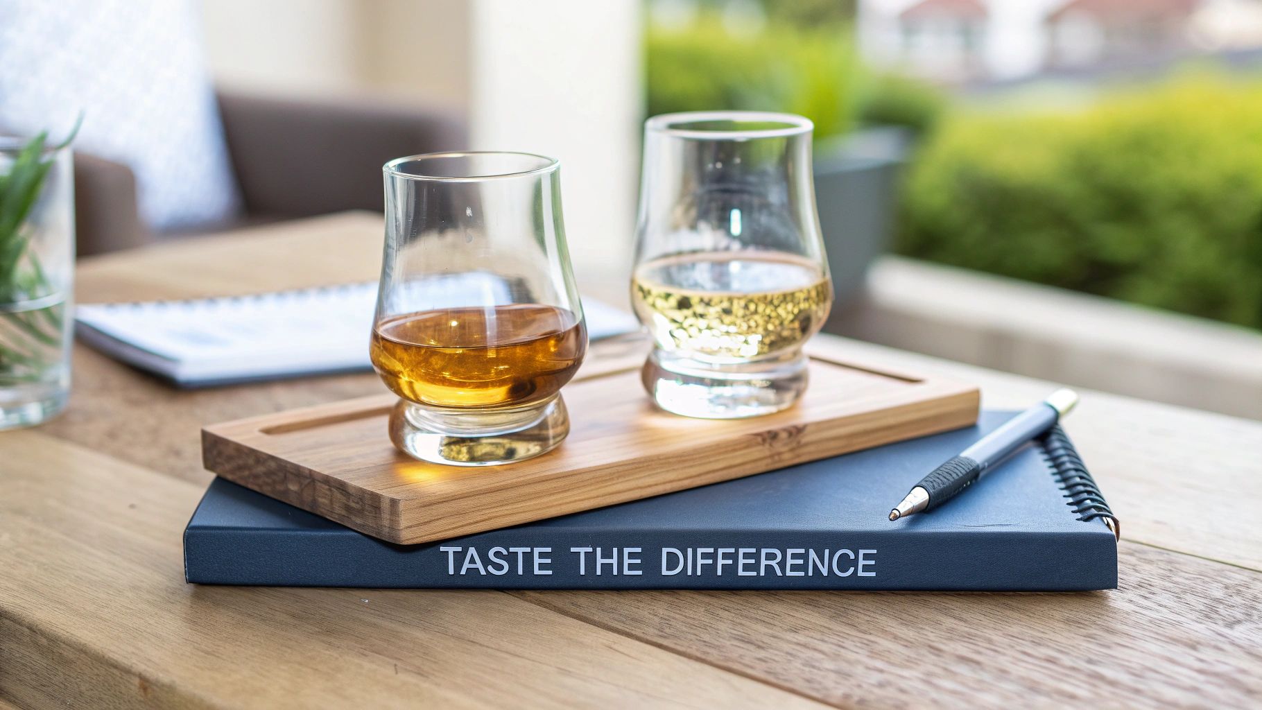 Two whiskey tasting glasses on wooden board with notebook labeled taste the difference