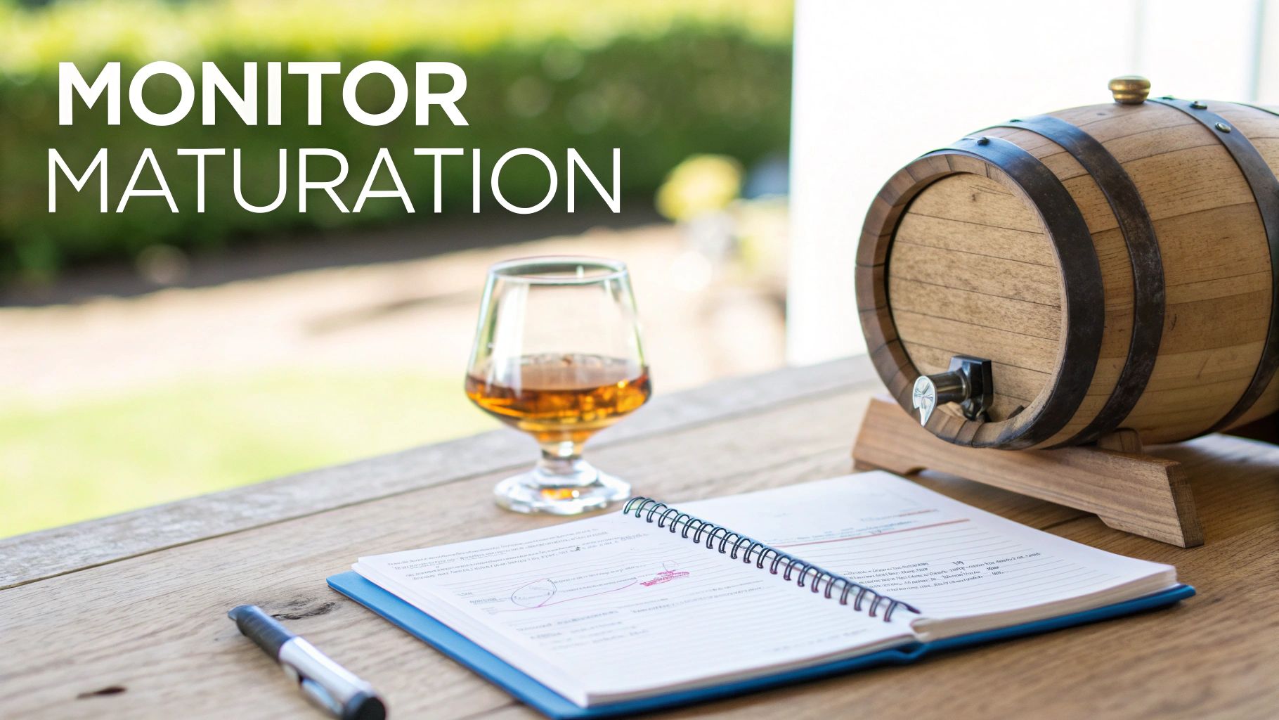 A small oak barrel, glass of amber liquor, open notebook, and pen on a wooden table, with text 'MONITOR MATURATION'.