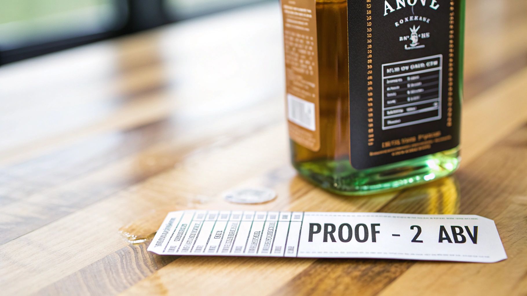 A brown bottle with a dark label and a paper strip displaying "PROOF - 2 ABV" on a wooden table.