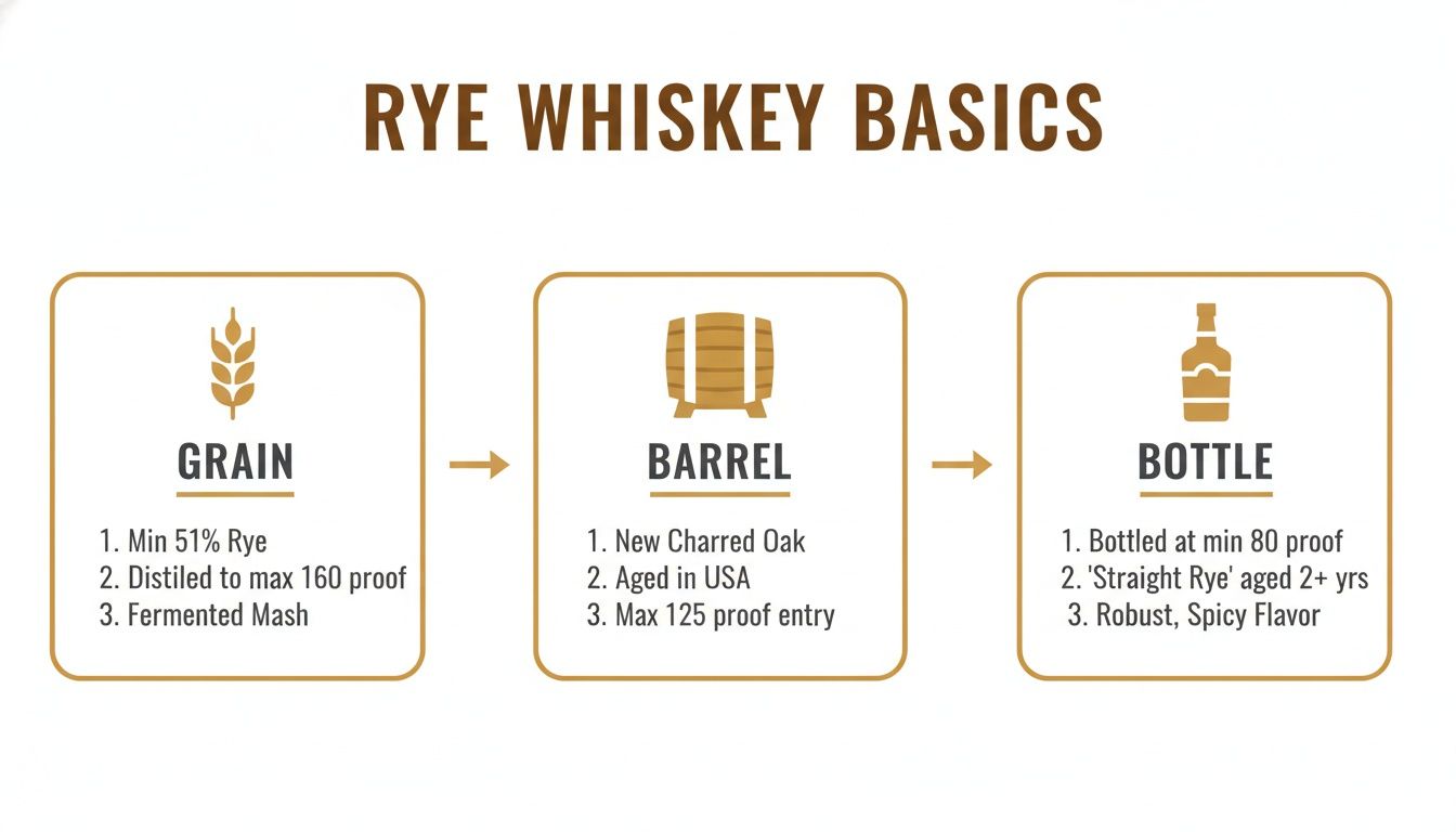 A diagram outlining the basics of rye whiskey production, including grain, barrel, and bottle requirements.