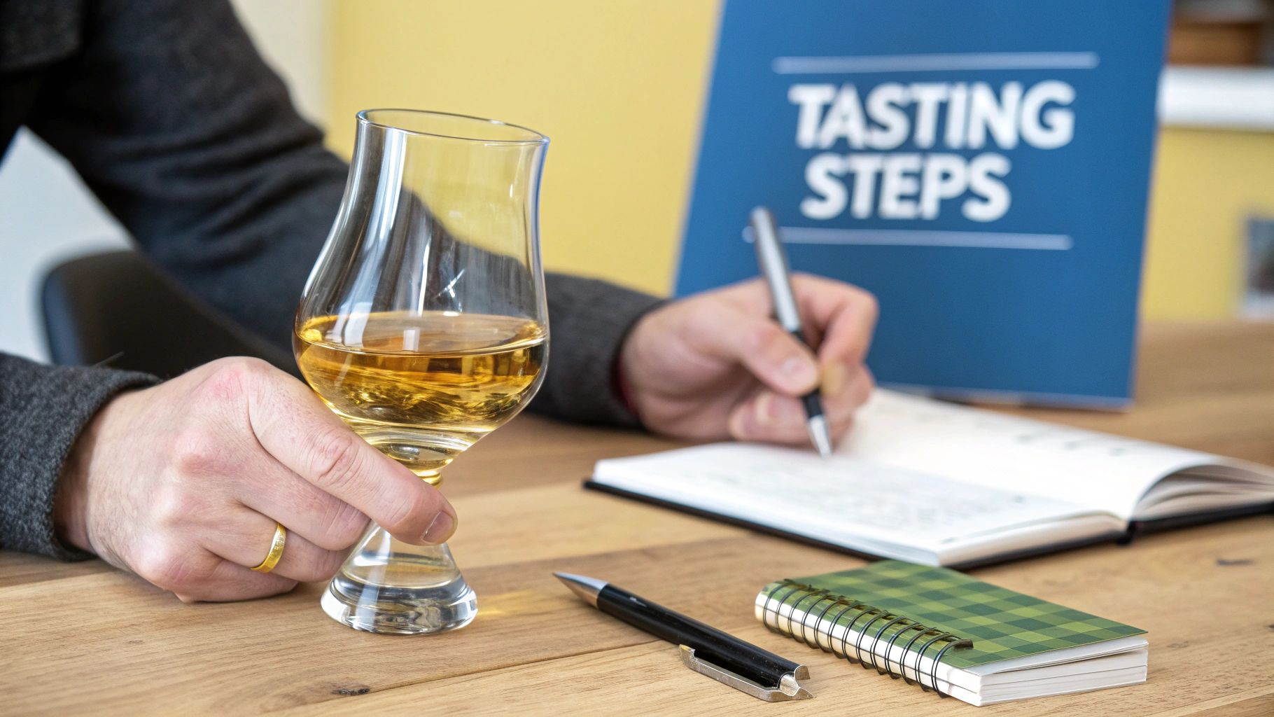 Person holding a glass of scotch whisky, writing notes during a tasting session with 'Tasting Steps' sign.