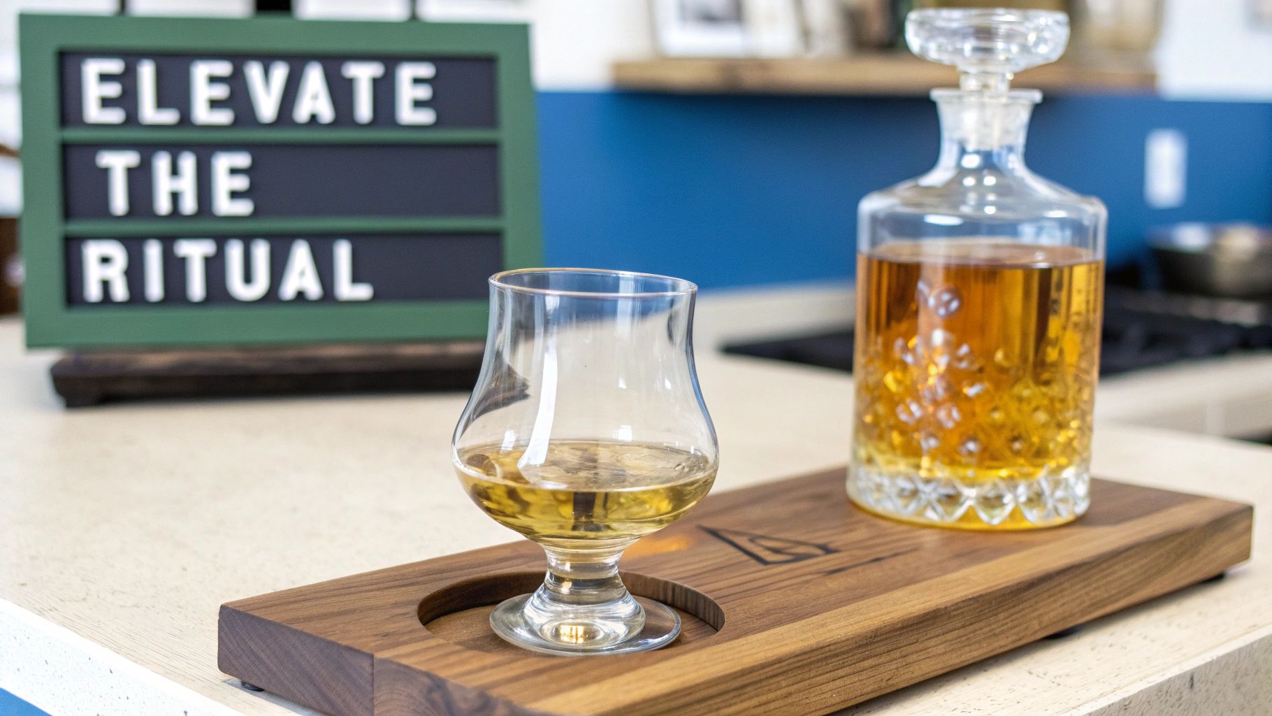 A stylish set of bourbon accessories including a decanter and glasses.