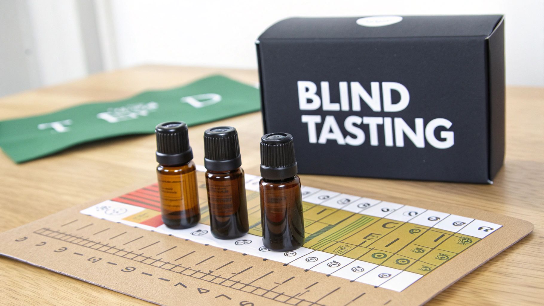 Three small amber bottles on a tasting mat with a black 'BLIND TASTING' box and green cloth.