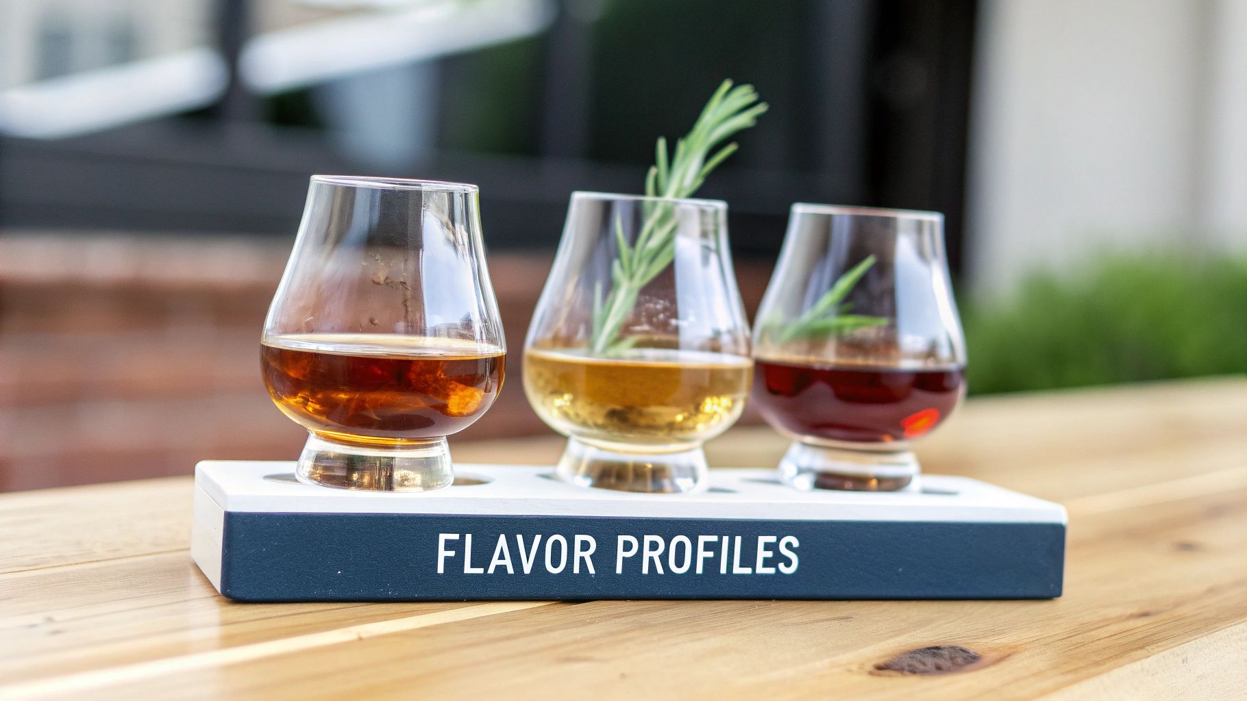 Three glasses of various spirits with rosemary garnish on a "FLAVOR PROFILES" tray on a wooden table.