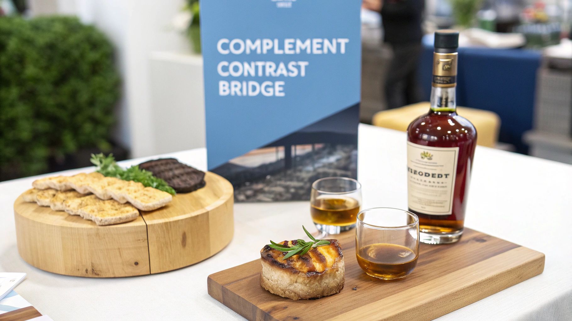 A bottle of whisky, two glasses, grilled meat, and flatbreads are arranged on wooden serving boards.