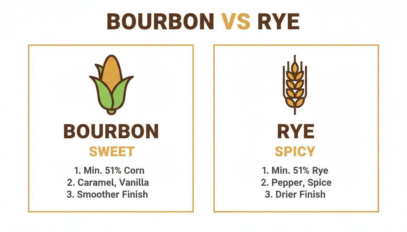 An infographic comparing Bourbon and Rye whiskey, detailing their primary grains, flavor profiles, and finishes.