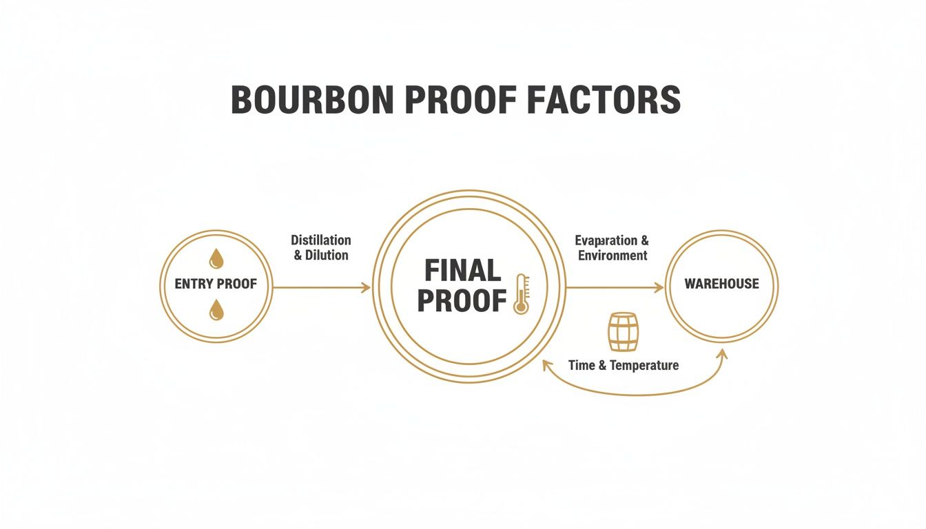 A diagram illustrating the factors influencing bourbon proof, from entry to final and warehouse stages.