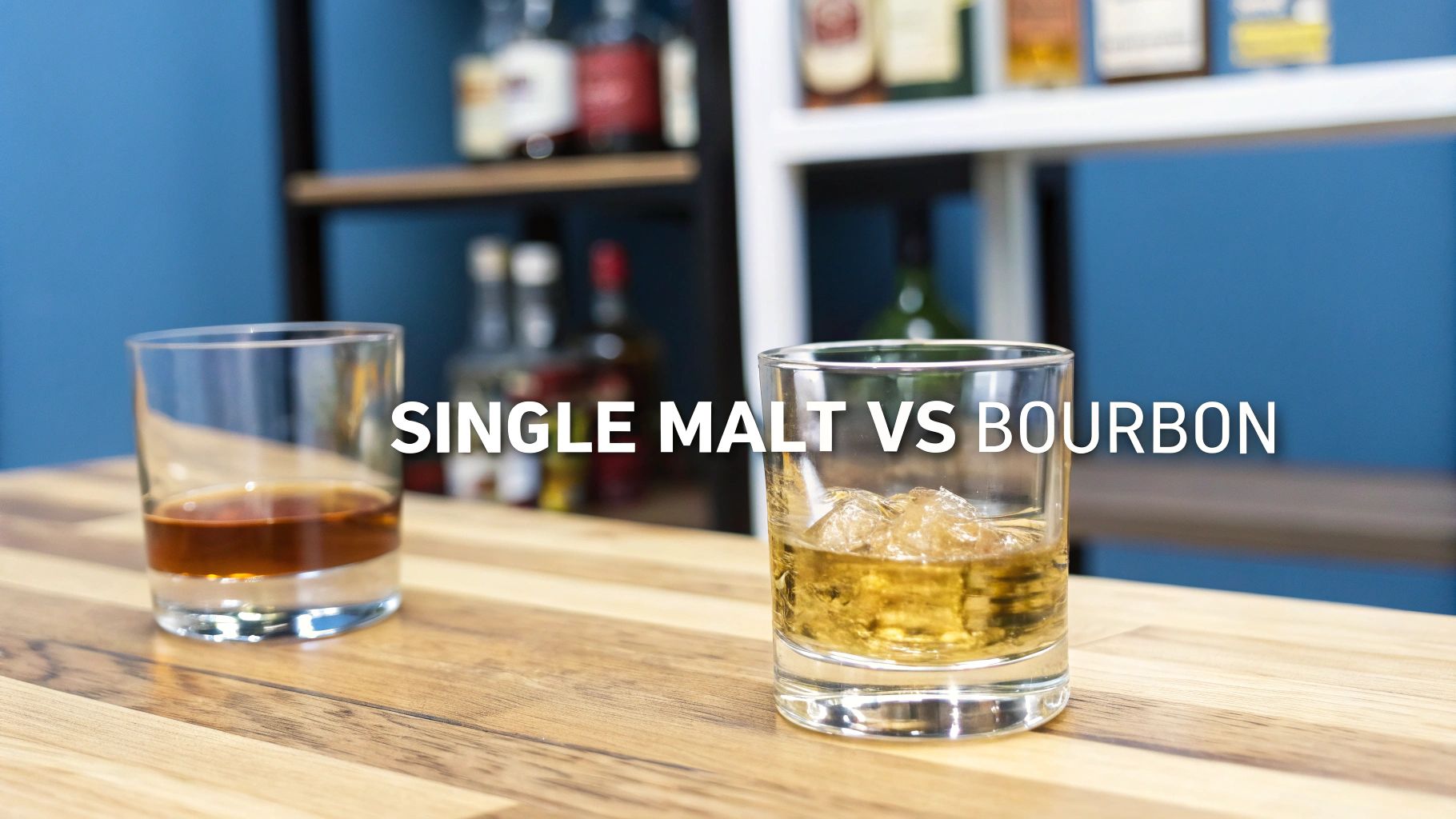 Two glasses of whiskey, one neat and one with ice, on a wooden table with 'SINGLE MALT VS BOURBON' text.
