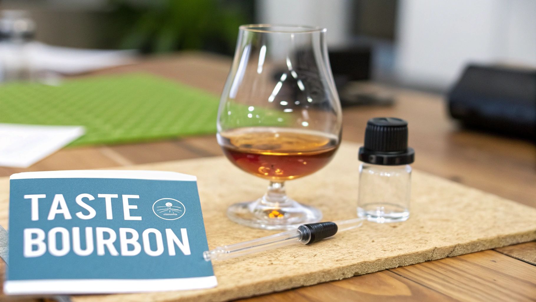 A bourbon tasting kit with a glass of whiskey, a dropper, a bottle, and a 'Taste Bourbon' booklet.