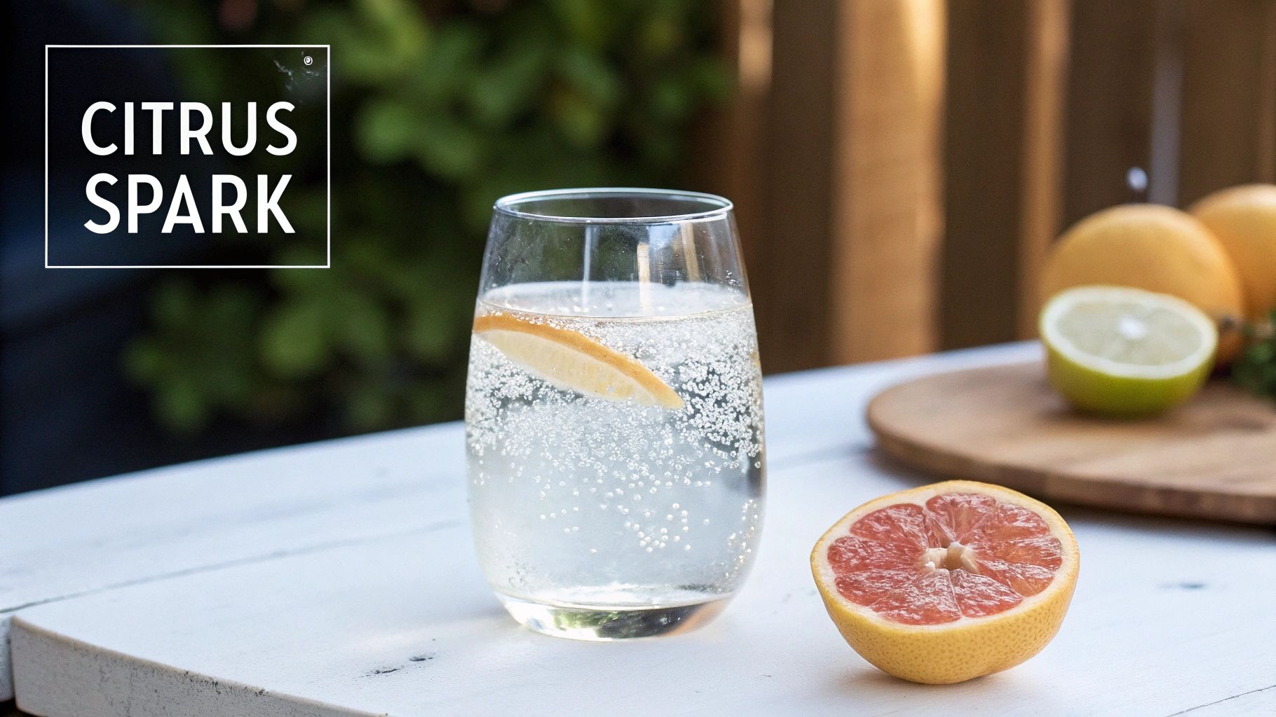 A refreshing glass of sparkling citrus drink with sliced grapefruit and lime on a white table.
