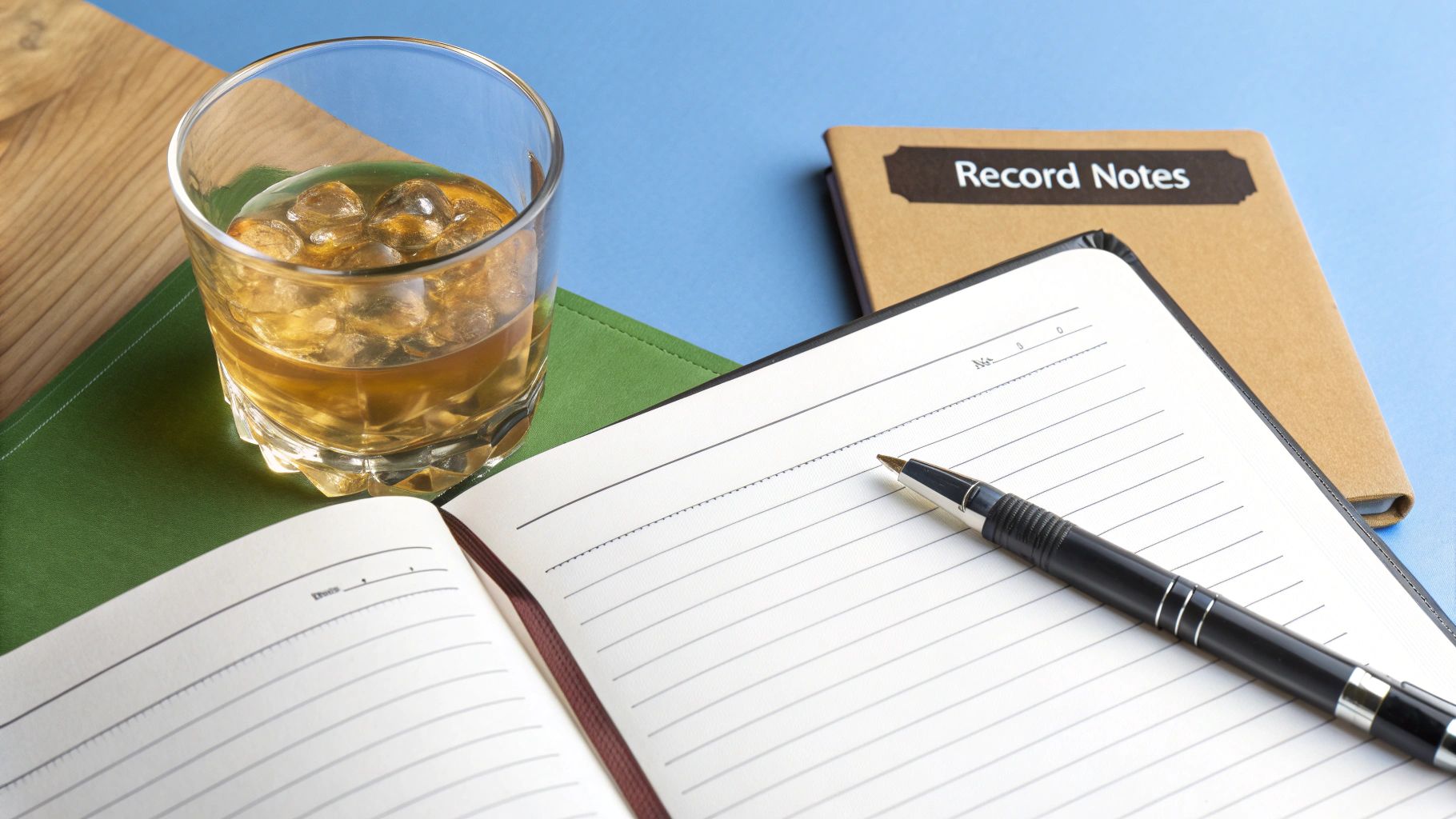 A well-organized at home whiskey tasting setup with proper glassware and tasting notes.