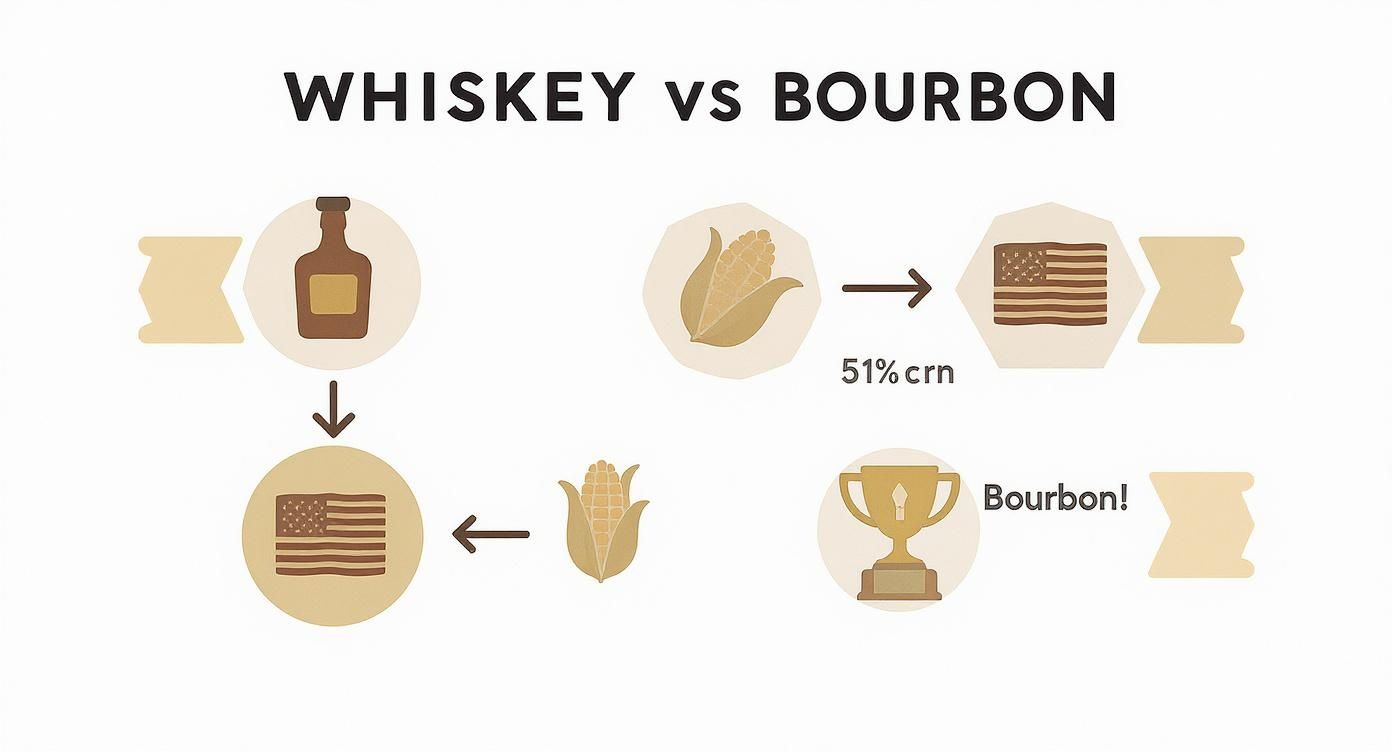 Infographic visually explaining the differences between whiskey and bourbon, highlighting corn content and American origin.