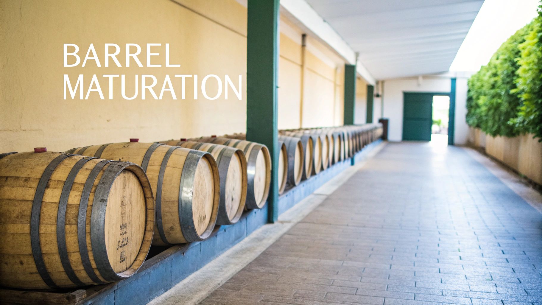 A long hallway with numerous wooden barrels lined up along a wall for barrel maturation.