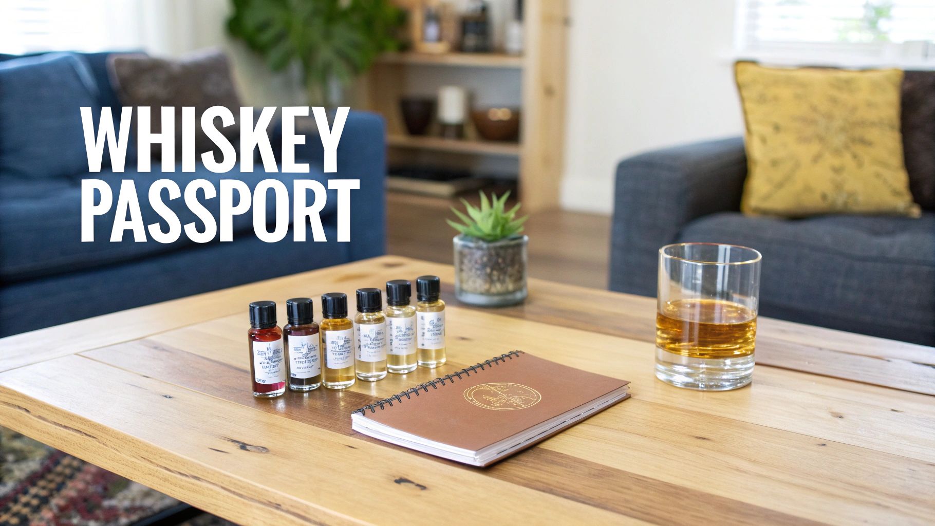 A "Whiskey Passport" tasting kit with samples, a notebook, and a glass of whiskey.