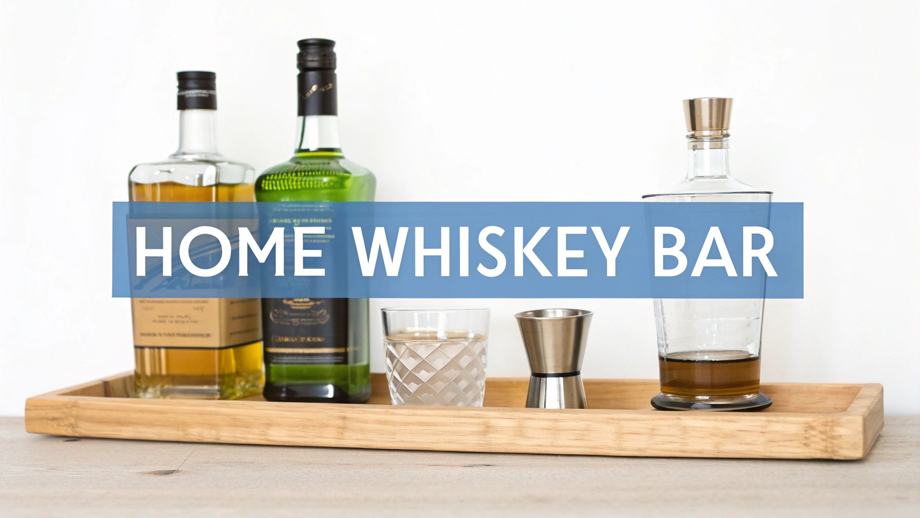 A well-organized home whiskey bar with several bottles, glasses, and bar tools.