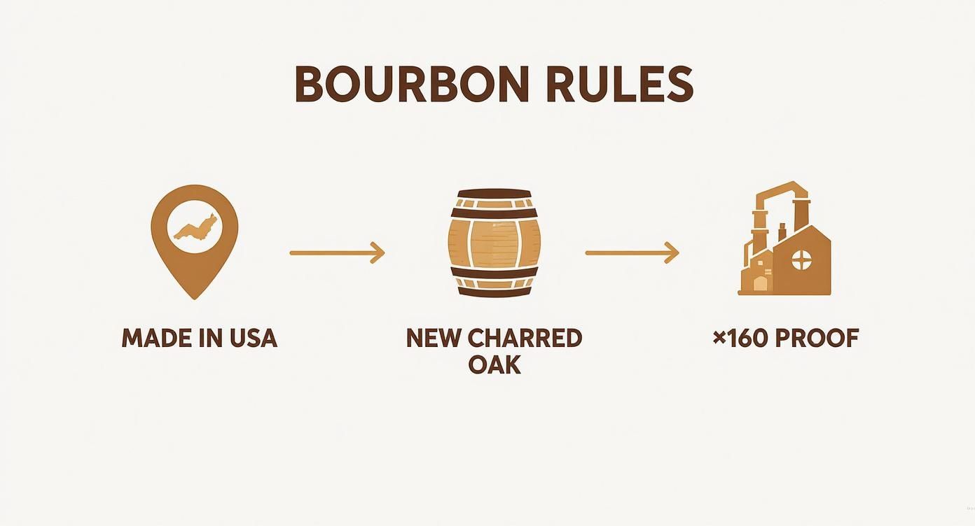 An infographic outlining the three key rules for bourbon production: Made in USA, new charred oak, and maximum 160 proof.