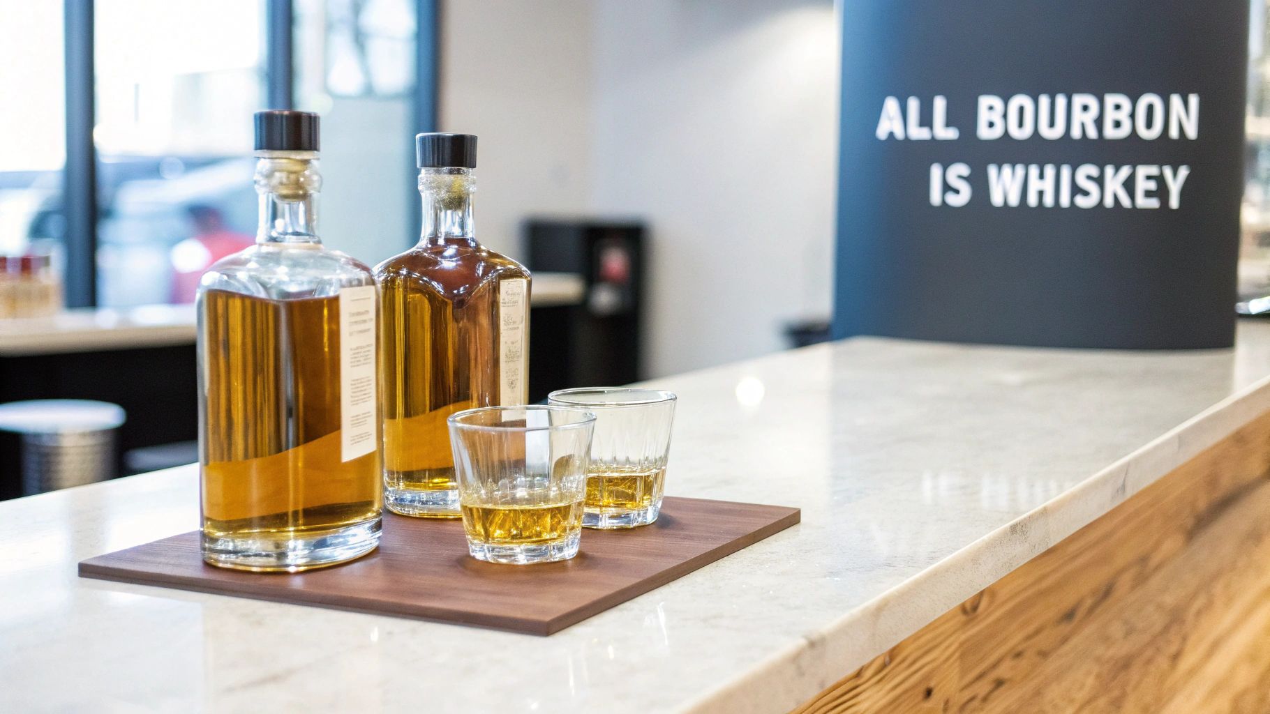 Two glasses of bourbon and whiskey with ice, ready for tasting