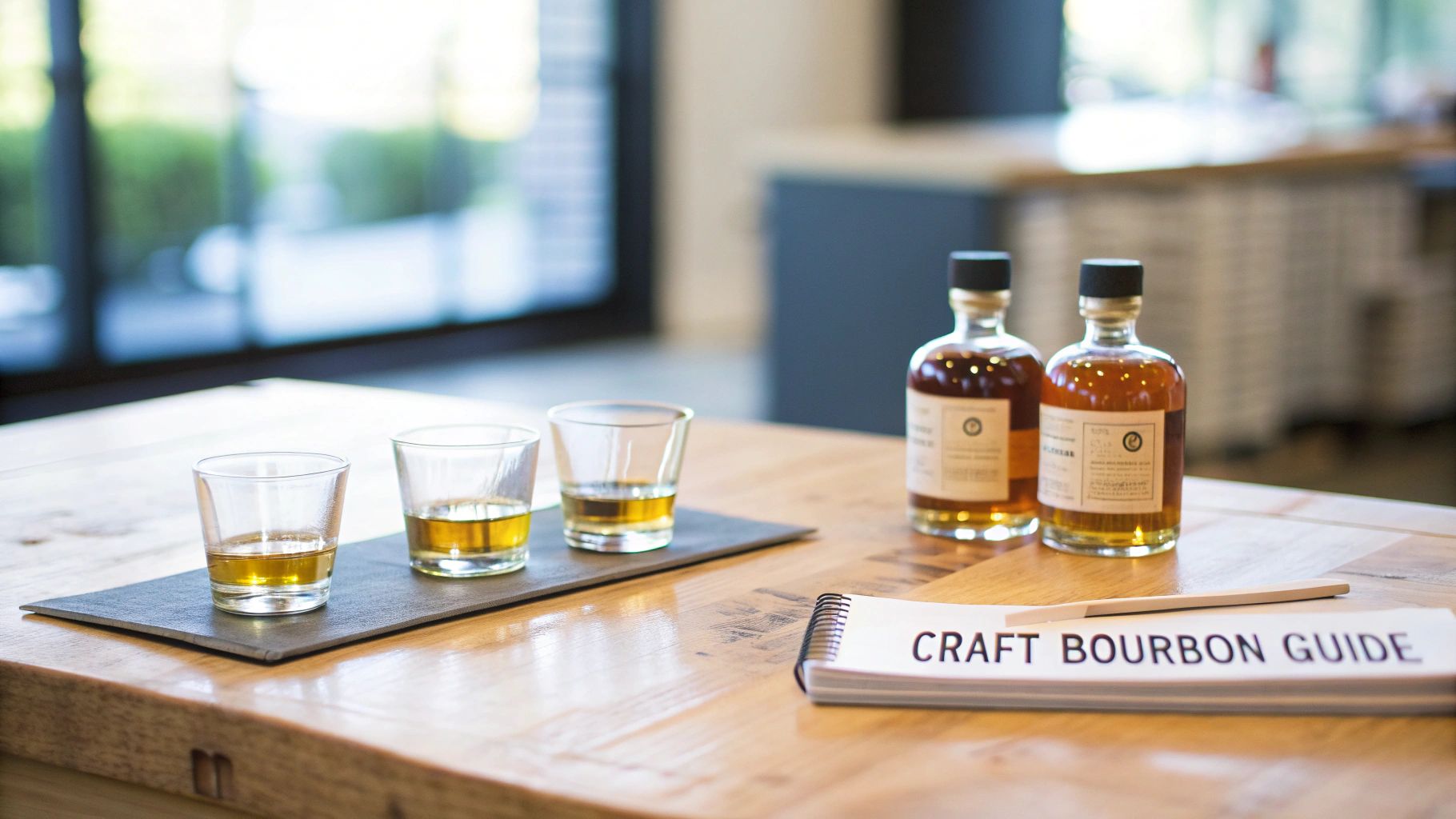 Three glasses of bourbon, two bottles, and a 'Craft Bourbon Guide' notebook on a wooden table.