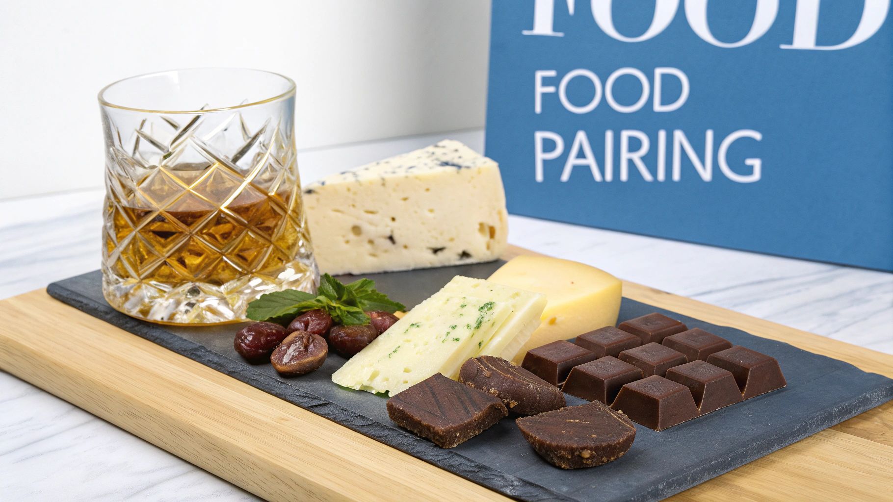 A glass of peated scotch being held up to the light for tasting