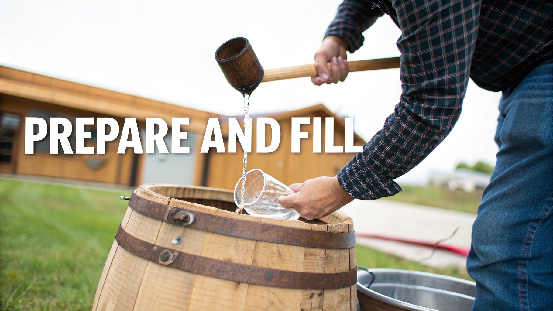 A person pouring liquid from a wooden scoop into a glass, then into an oak barrel, preparing to fill.