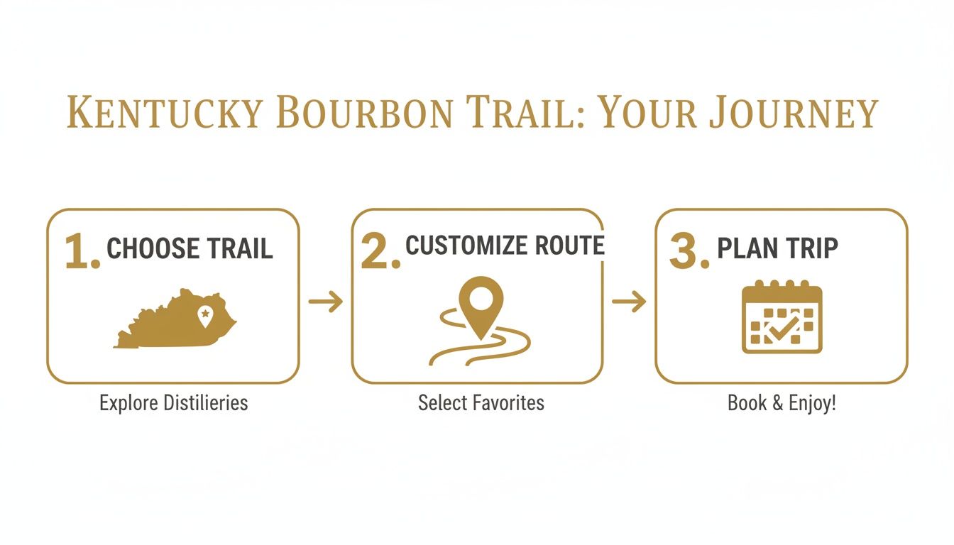 An infographic showing three steps to plan your Kentucky Bourbon Trail journey: Choose Trail, Customize Route, Plan Trip.