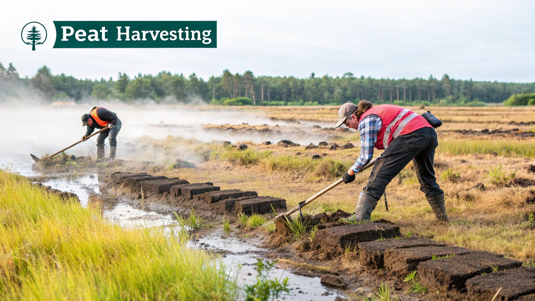 Peat bricks being harvested from a bog in Scotland