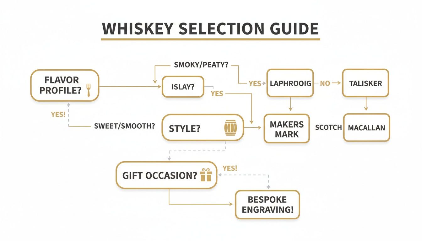 A whiskey selection guide flowchart helping users choose based on flavor, style, and gift occasion.