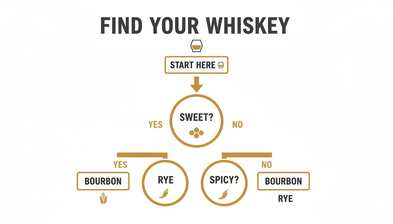 A whiskey selection flowchart asking if you like sweet or spicy, guiding to Bourbon or Rye.