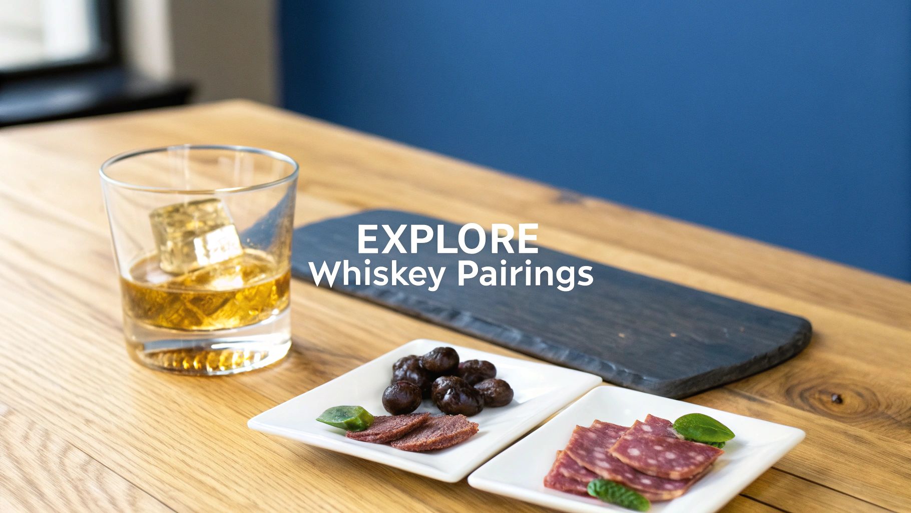 A glass of whiskey with ice on a wooden table, next to plates of salami and olives, with overlaid text 'EXPLORE Whiskey Pairings'.