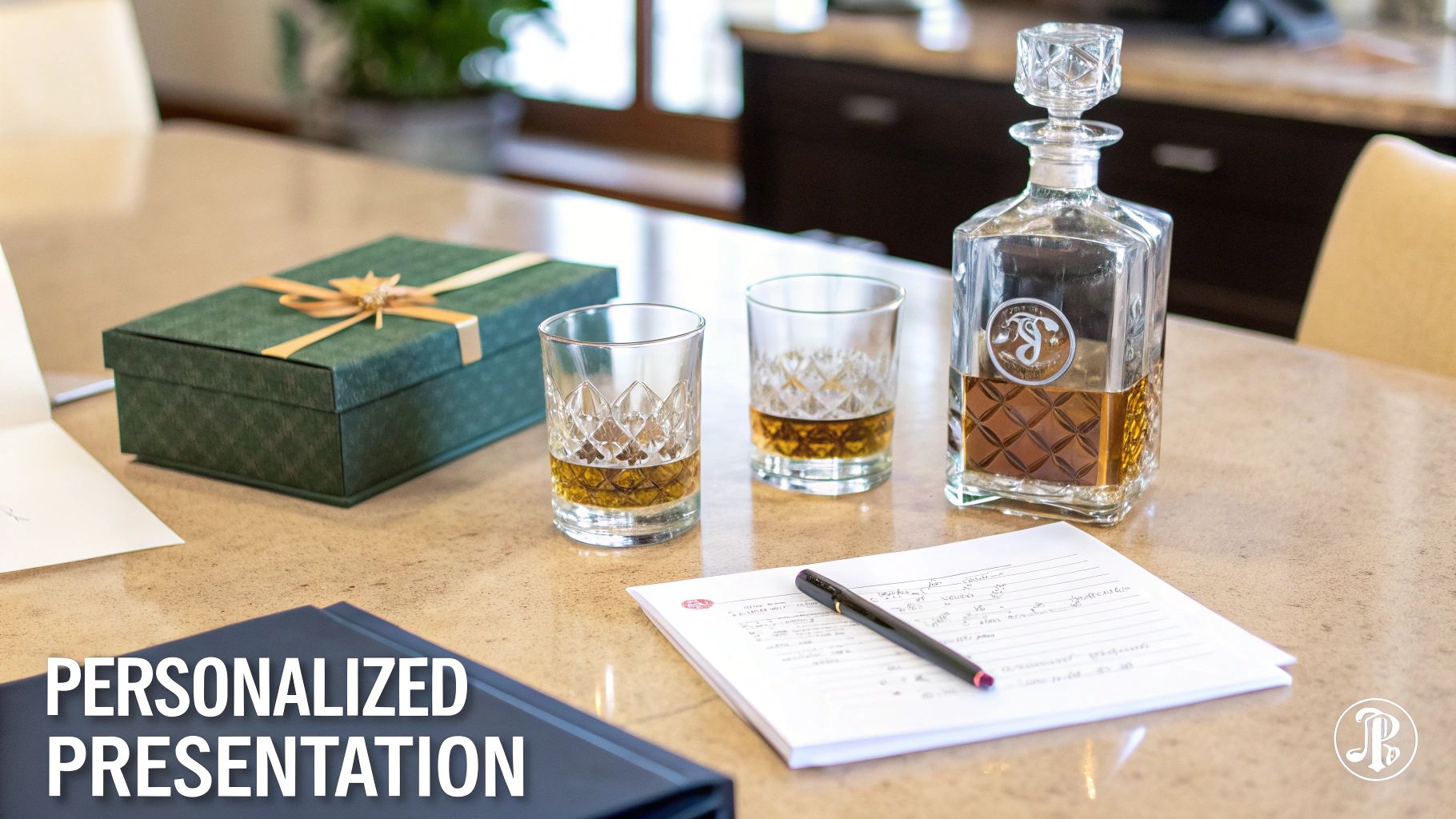 A luxurious whiskey decanter, two glasses with amber liquid, a green gift box, and notes on a table.