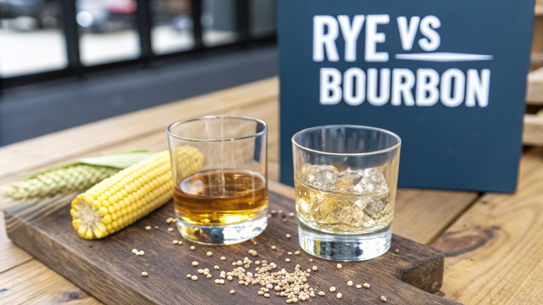 Glass of whiskey with grains in the background