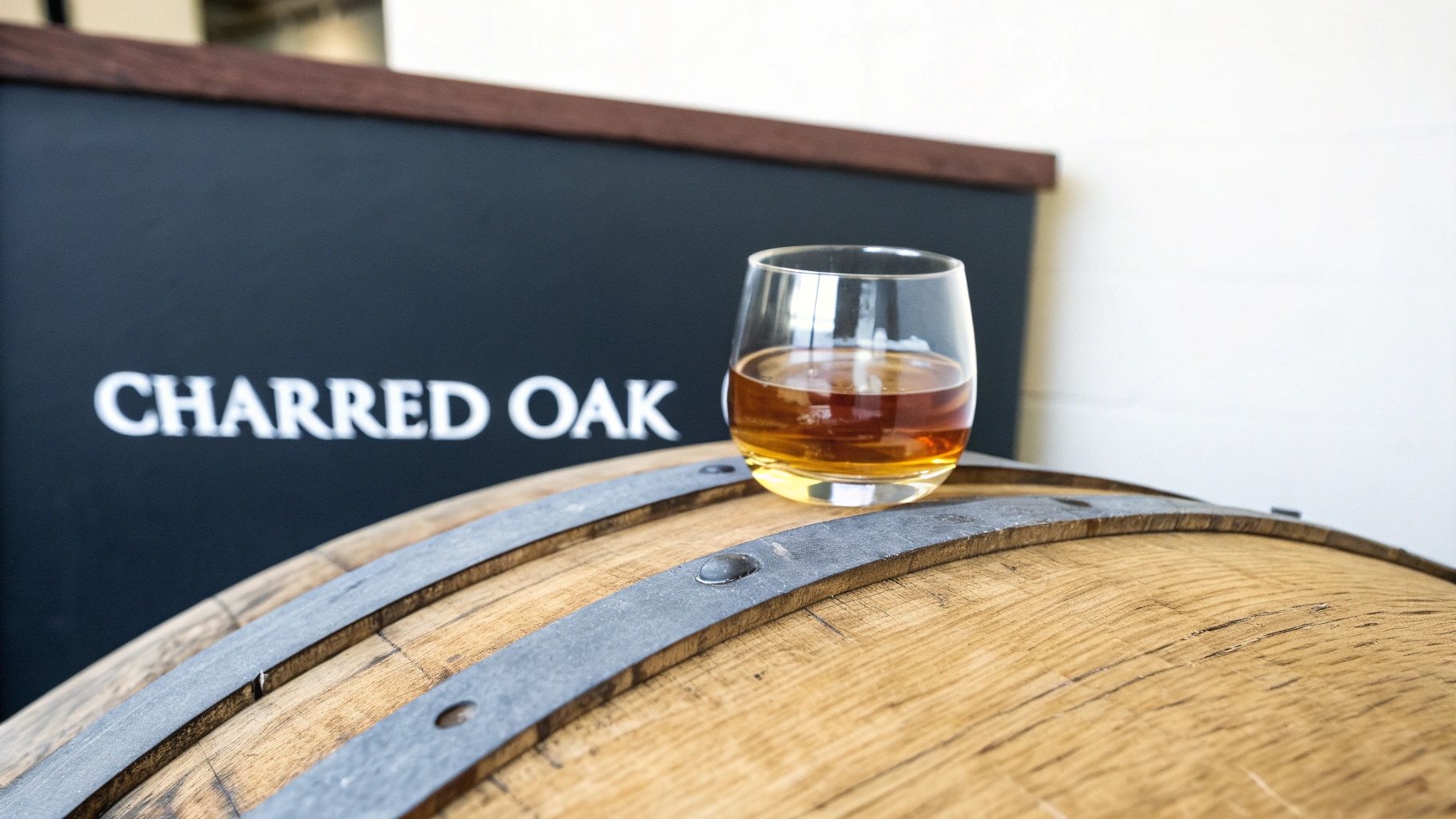 A glass of amber whiskey sits on a wooden barrel with a 'CHARRED OAK' sign in the background.