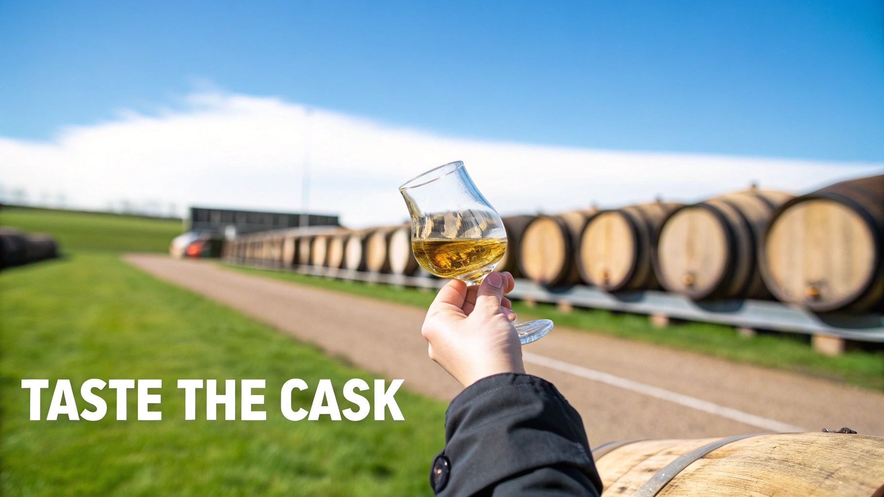 A hand holds a glass of amber liquid in front of rows of wooden whiskey casks under a blue sky.