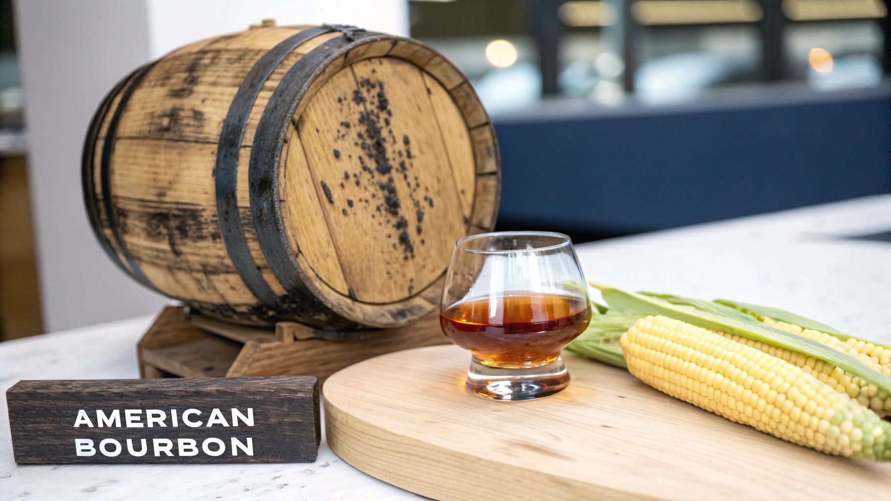 A wooden barrel, a glass of American bourbon, and fresh corn cobs on a wooden board.