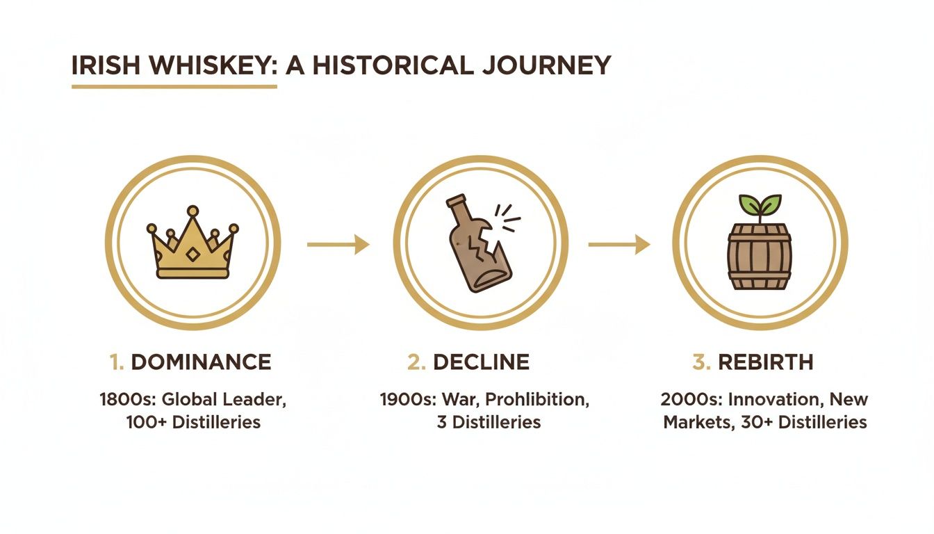 Infographic showing the historical journey of Irish whiskey: dominance in the 1800s, decline in the 1900s, and rebirth in the 2000s.