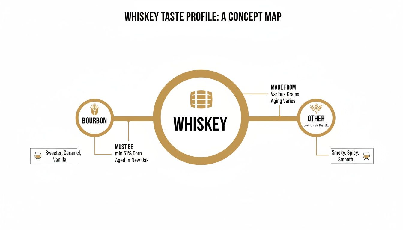 Concept map illustrating whiskey taste profiles, differentiating bourbon (sweeter) from other whiskeys (smoky, spicy, smooth).