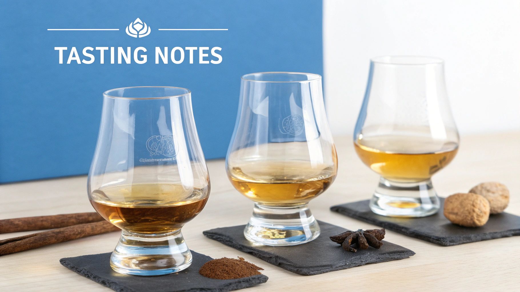 Three glasses of whiskey with cinnamon, star anise, and nutmeg on slate coasters, beside a 'Tasting Notes' box.