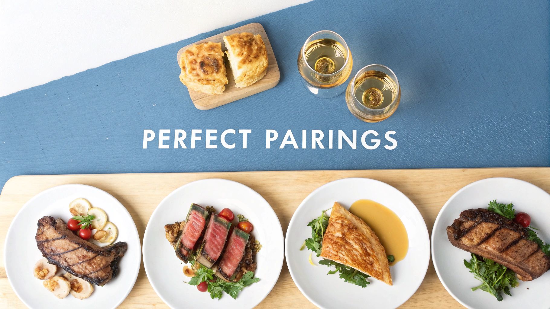 Gourmet food and white wine on a blue table with 'PERFECT PAIRINGS' text.