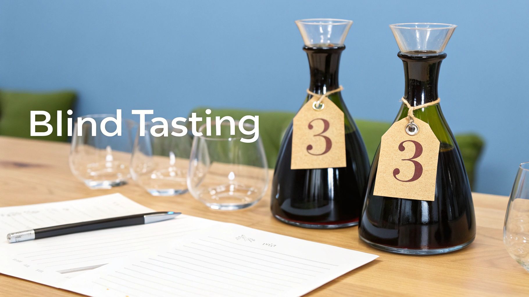 A blind tasting setup with two decanters labeled '3', glasses, pen, and paper on a wooden table.