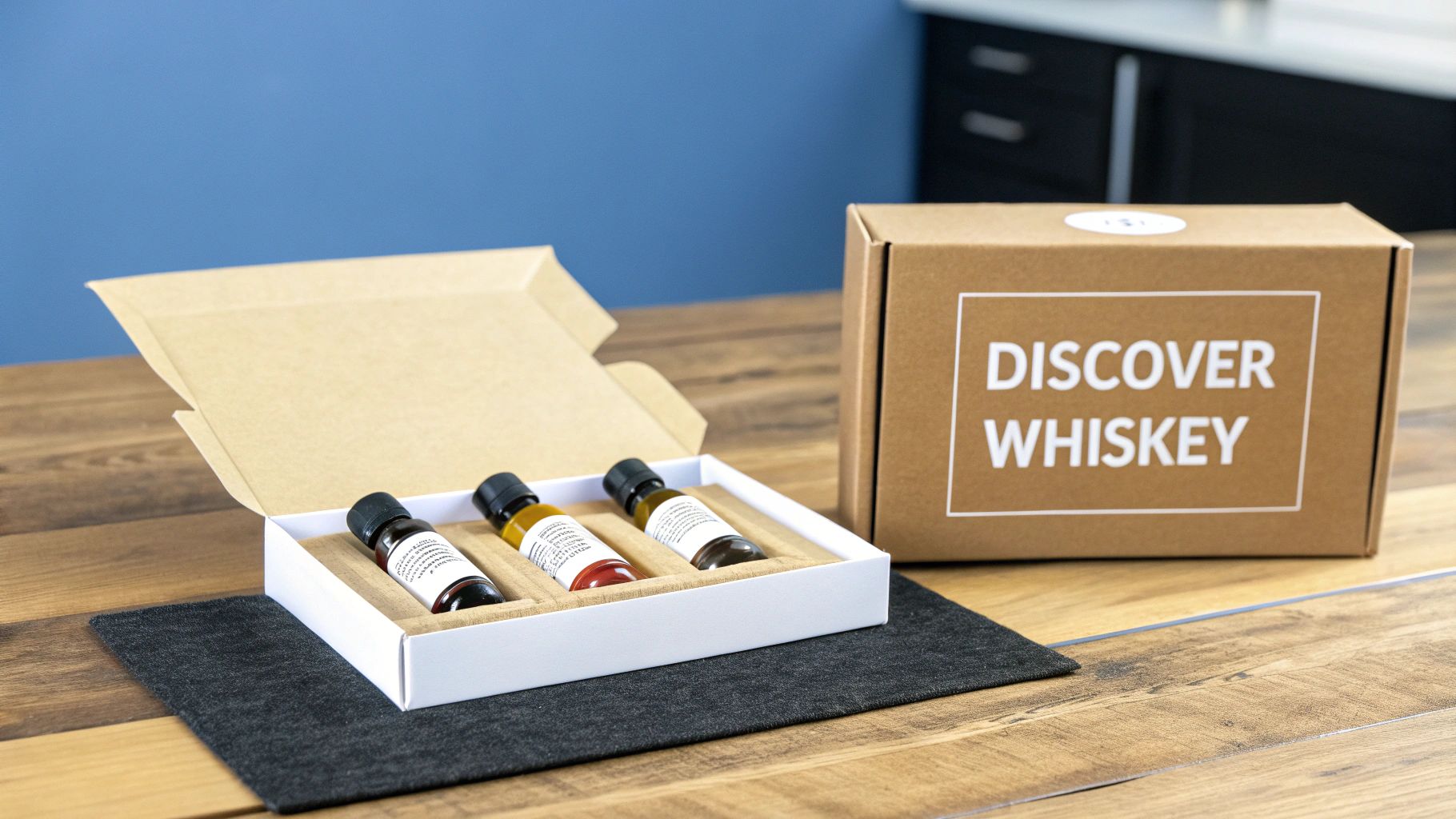 An open 'Discover Whiskey' subscription box with three sample bottles on a wooden table next to a closed box.