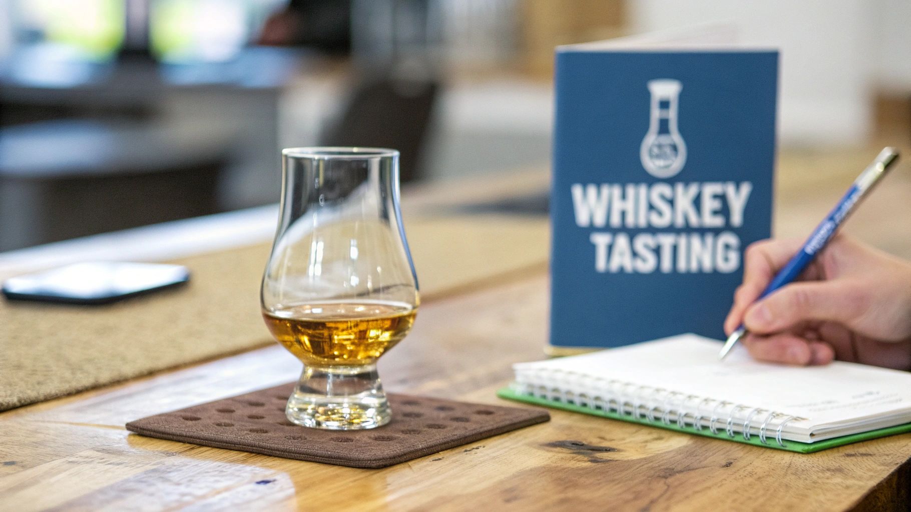 Person taking notes during a whiskey tasting, with a glass of whiskey and tasting book.