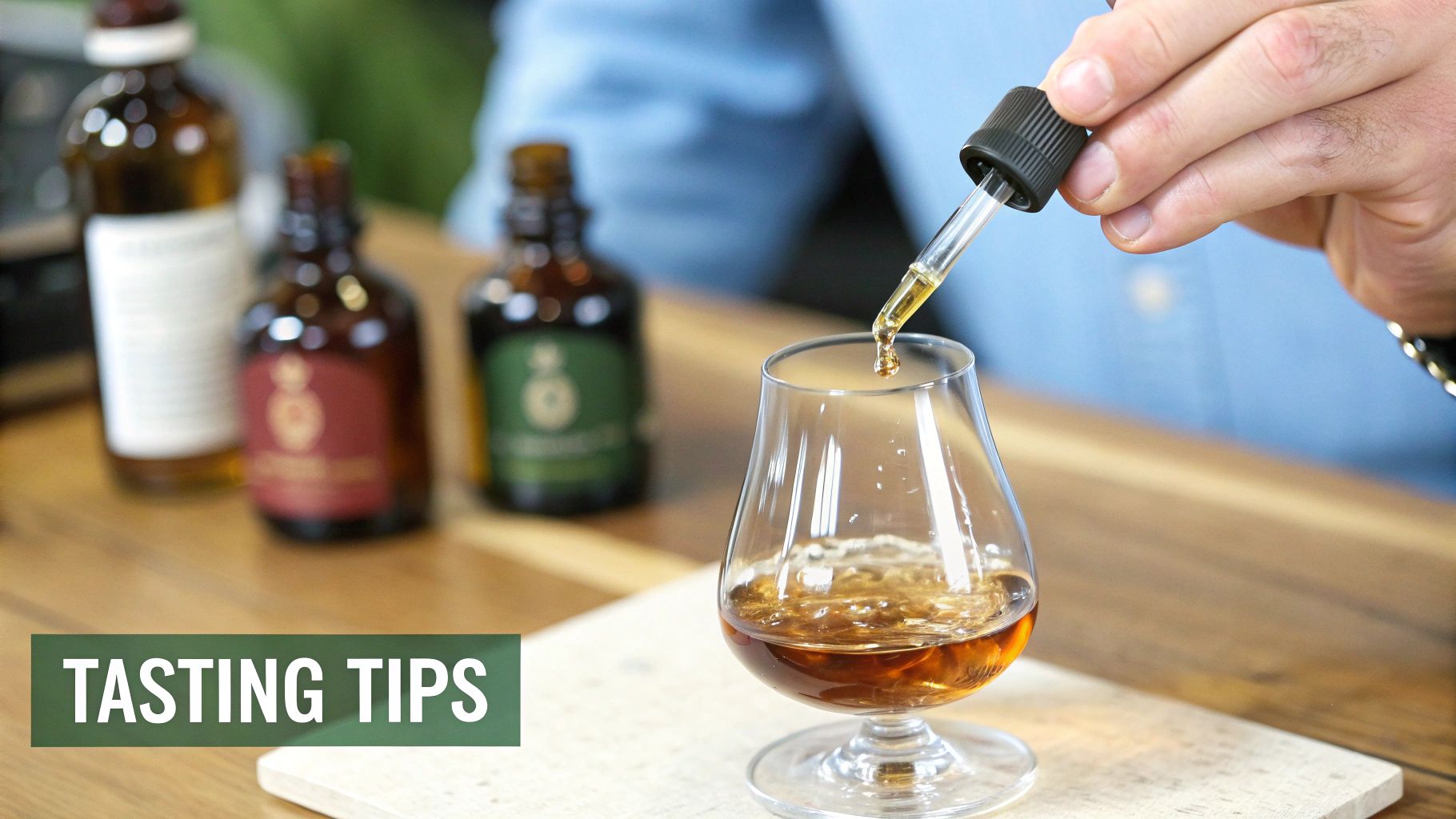 Close-up of a hand adding a drop of liquid to a glass of whiskey during a tasting.